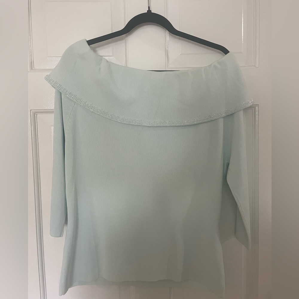 Light blue boat neck or off shoulder sweater with beading on neck & sleeves XL